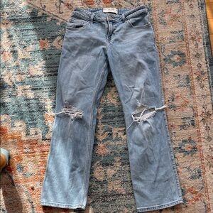 Light Blue Distressed Women Jeans Low Rise Relaxed Straight